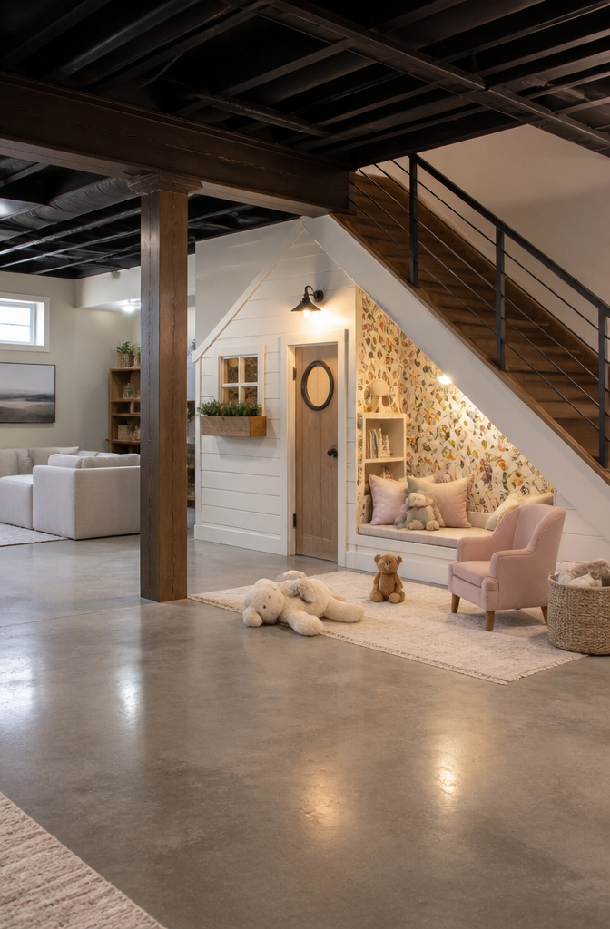 Basement Playroom Toy Storage: Built-Ins, Cubes & Multi-Functional Furniture 9 Reading corner and playhouse built under basement stairs.