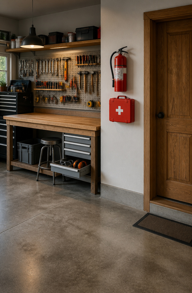 A wall-mounted fire extinguisher and first-aid kit in a garage.