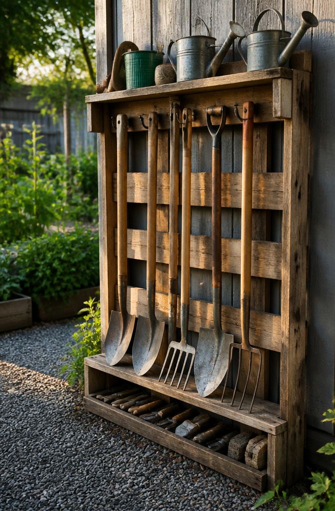 Pallet Garden Tool Storage: 7 Steps to Build an Outdoor Rack 9 A pallet rack with neatly arranged gardening tools against a shed.