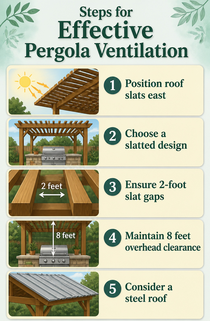 7 Outdoor Kitchen Pergola Ideas for Backyards in 2026 9 A graphic showing steps for effective ventilation in a pergola.