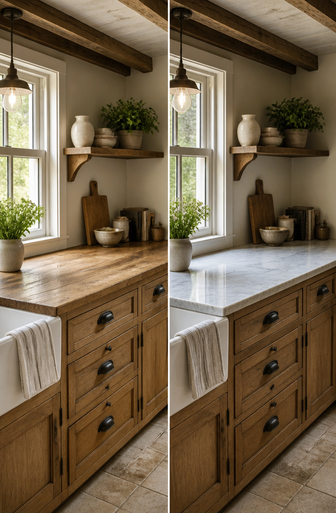 20 Country Style Kitchen Ideas for a Cozy Farmhouse Feel 9 Marble countertops in a country-style kitchen.