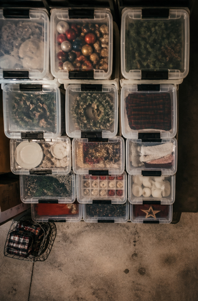 Stacked storage bins with clear sides against a basement wall.