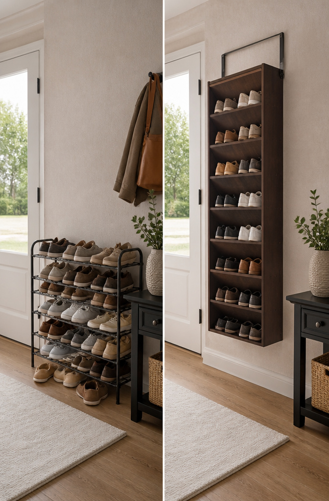 7 Shoe Rack Front Door Ideas for 2026 9 Various shoe storage options utilizing space effectively in a compact entryway.