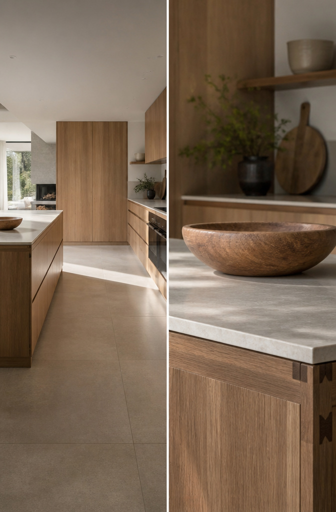 A kitchen with raw wood cabinets and large-format porcelain tiles.