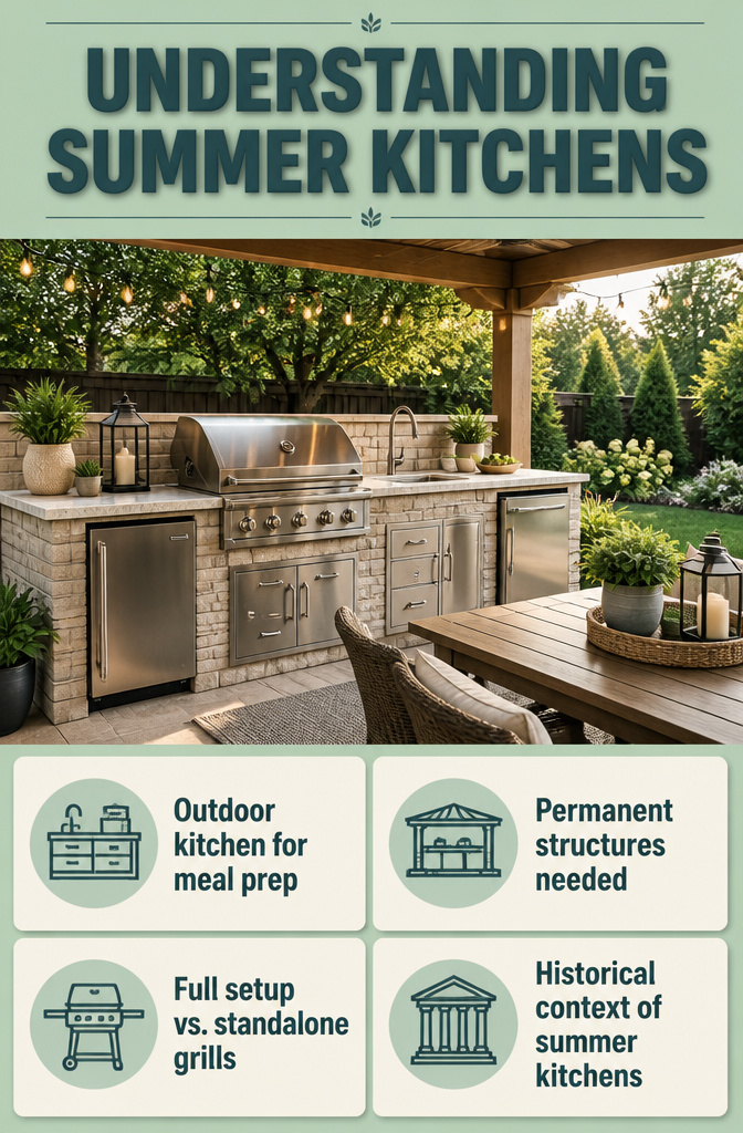 Information image about summer kitchens and their features.