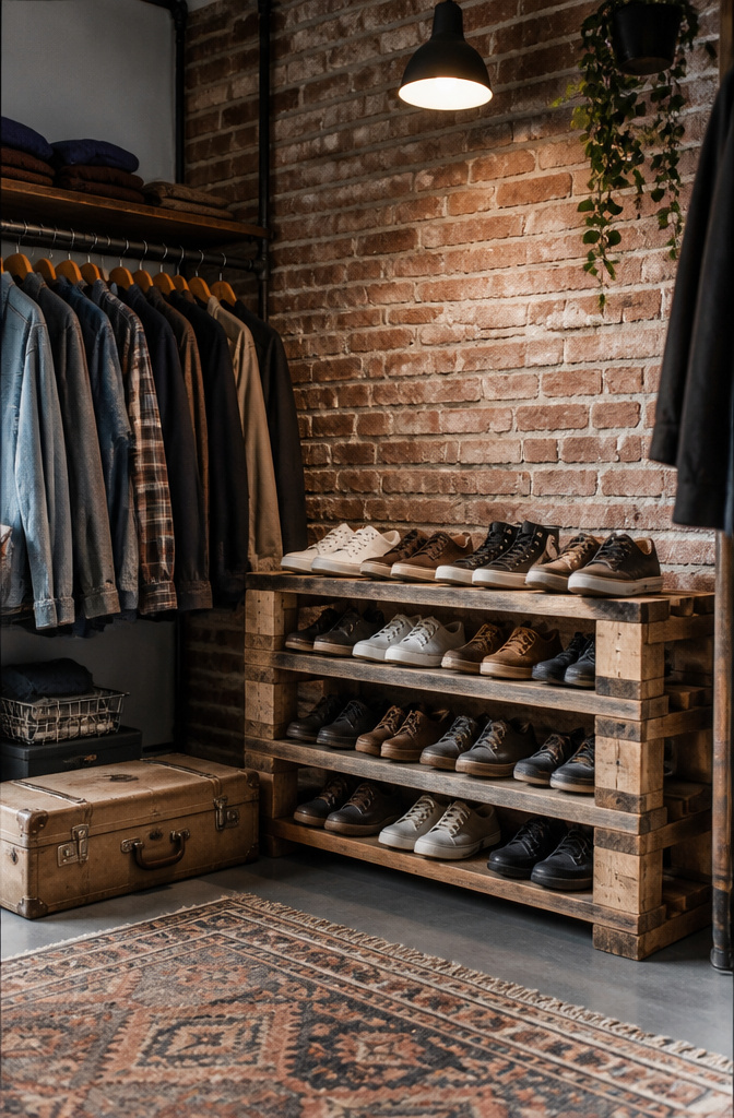 A shoe rack made from reclaimed wood pallets.