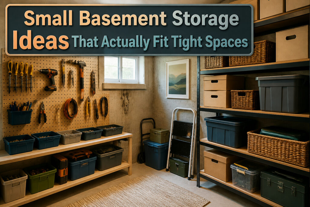 A variety of storage ideas showcased in a basement setting.