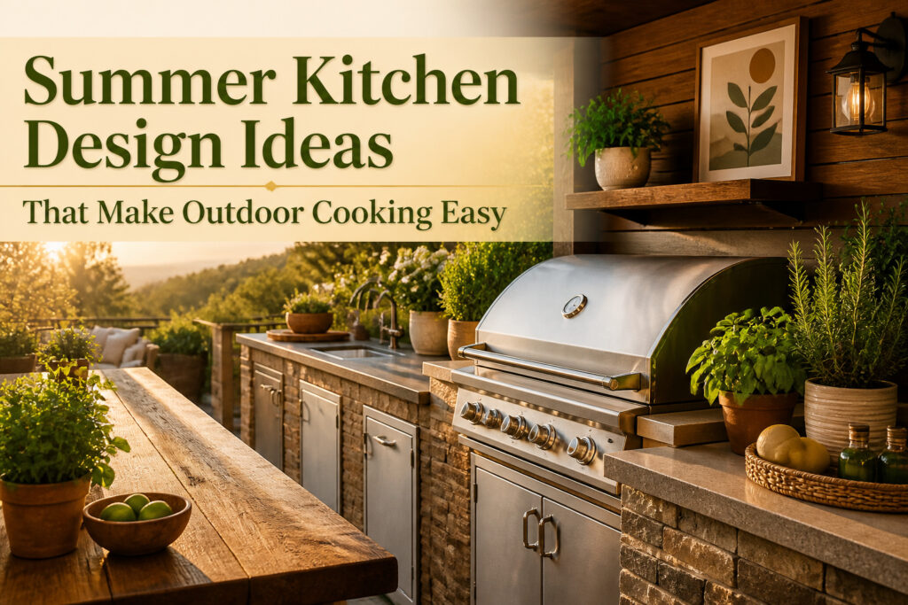 Outdoor kitchen with grill, counter space, and seating area.