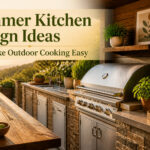 Outdoor kitchen with grill, counter space, and seating area.