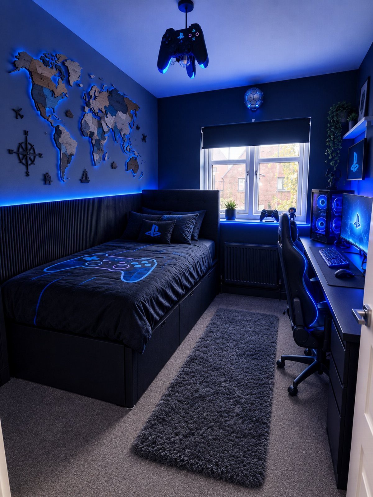 Dark blue gaming bedroom with LED lighting, world map wall art, and computer setup.