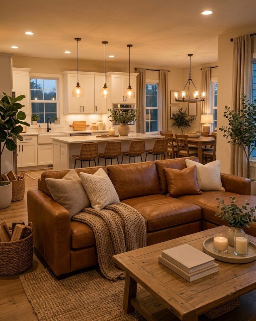 Brown leather sectional sofa in a cozy living room with an open kitchen background