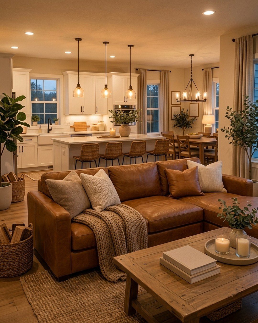 Brown leather sectional sofa in a cozy living room with an open kitchen background
