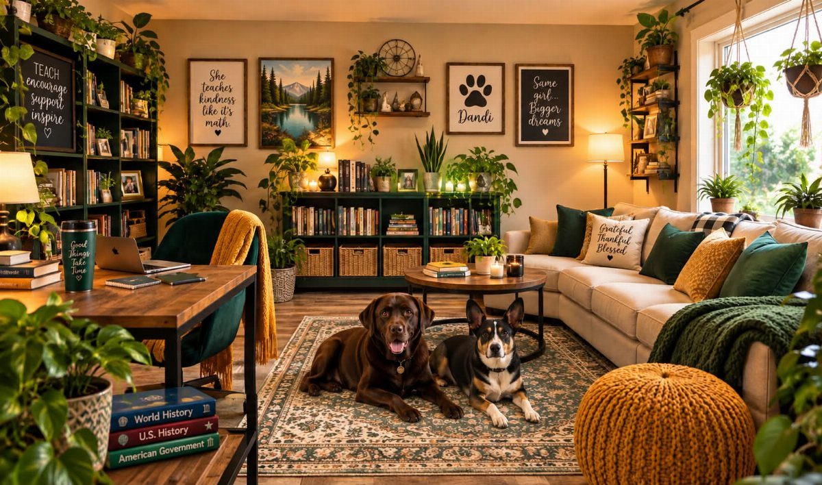 Living room wall decorated with framed art, shelves, and many green indoor plants.