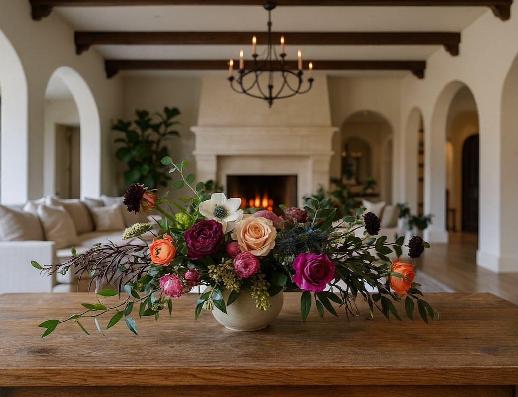 Floral arrangement on a wooden table in a Spanish style living room with arches.